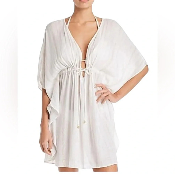 Size medium Bleu Rod Beattie white swim coverup with gold shimmer stripes - Picture 2 of 5